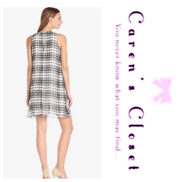 Calvin Klein Black & White Plaid Chiffon Trapeze Sleeveless Dress - Picture 6 of 11